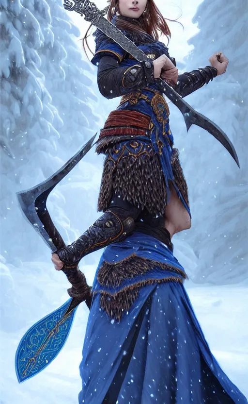 Image similar to azure viking warrior, regal, elegant, winter, snow, beautiful, stunning, hd, illustration, epic, d & d, fantasy, intricate, elegant, highly detailed, wide angle, digital painting, artstation, concept art, smooth, sharp focus, illustration, wallpaper, art by artgerm and greg rutkowski and alphonse mucha and jin xiaodi