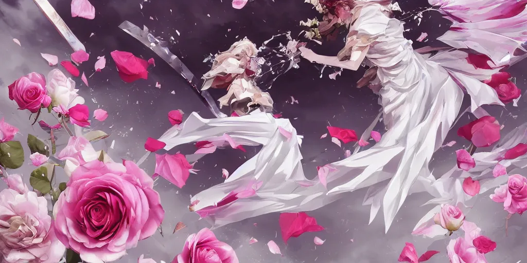 Image similar to flying longswords flowing slicing through a bouquet of white and pink roses, flowers exploding and spraying, big puffy clouds, sharp rain, large rose petals, lotus petals, large polygonal background elements, large polygons, dramatic anime, dramatic lighting, artgerm, manga, trending on artstation, art nouveau, mature colors