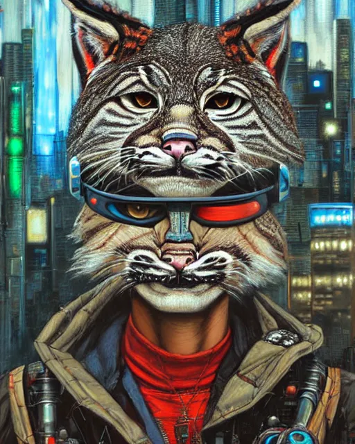 Image similar to a portrait of an anthropomorphic cyberpunk bobcat by sandra chevrier, by jon foster, detailed render, tape deck, epic composition, cybernetics, 4 k realistic, cryengine, realistic shaded lighting, sharp focus, masterpiece, by enki bilal