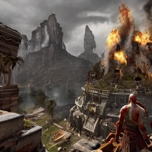 Image similar to an ancient city being destroyed by a horrible monster, in the style of god of war