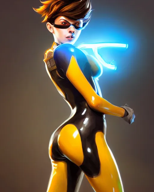 Image similar to tracer wearing a latex suit, perfect face, cinematic, stunning, cute, adorable, strong, highly detailed, psychedelic, digital painting, artstation, smooth, hard focus, illustration, art by jessica rossier and and brian froud