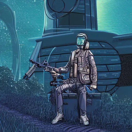 Image similar to digital illustration of futuristic big game hunter sitting for a photo next to his large alien creature, proud, feat, style of moebius, wild world, large really long futuristic rifle with scope, colonial helmet