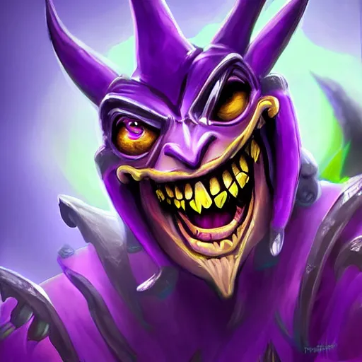 Image similar to a violet evil laughing jester, fantasy digital art, in the style of hearthstone artwork