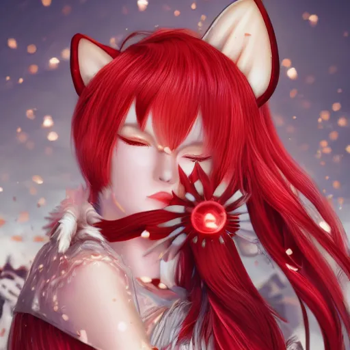 Image similar to kitsune woman nekomimi fancy haircut, full body, intrincate, red and white, gliter, depth of field, 8k, hyper detailed,realistic, trending on artstation