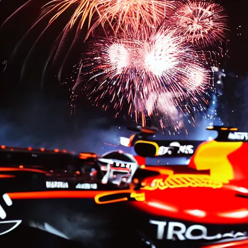 Image similar to close up portrait of max verstappen getting out of a mercedes f 1 car, dramatic shot, great photography, ambient light, night time, fireworks in the background