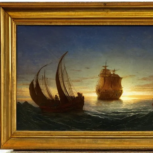 Image similar to medieval ship on the sea, sunset, painting style, achenbach