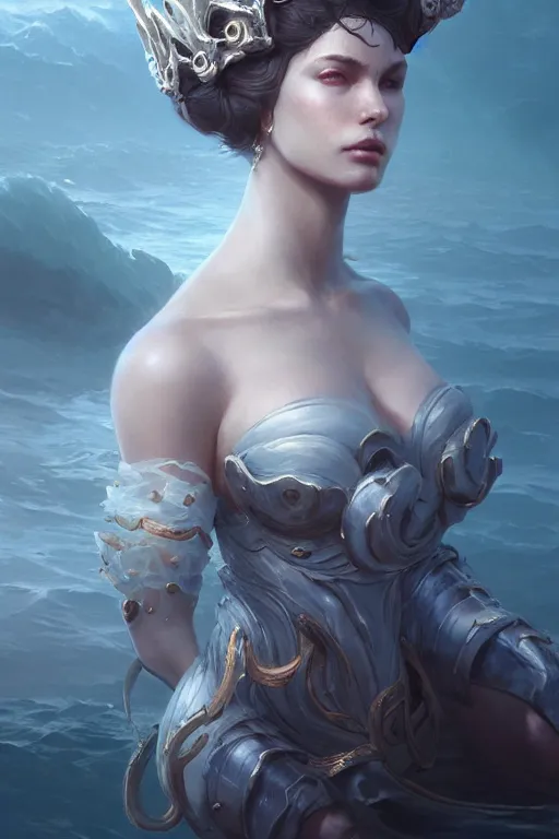 Image similar to sea queen, mysterious, highly detailed, digital painting, artstation, concept art, smooth, sharp focus, illustration, unreal engine 5, 8 k, art by artgerm and greg rutkowski and edgar maxence