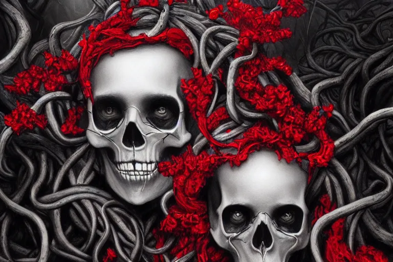 Image similar to realistic portrait beautiful detailed matte painting of cinematic movie scene a skinned skull, tentacles, black and red, thorns, vines, horror, created by gustave dore and greg rutkowski, high detailed, smooth draw, synthwave neon retro, intricate, realistic proportions, dramatic lighting, trending on artstation.