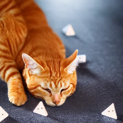 Prompt: realistic orange tabby cat lying in a sunbeam, the cat is next to a pile of D&D polyhedral dice, the cat is sleeping, award-winning photography, cozy, golden hour