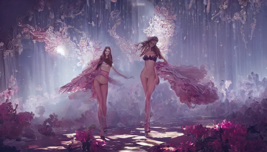 Image similar to victoria secret runway show, light, shadows, reflections, flowers, epic composition, intricate, elegant, volumetric lighting, digital painting, highly detailed, artstation, sharp focus, illustration, concept art, ruan jia, steve mccurry, artgerm and mina petrovic and timothy kong and marina federovna