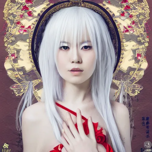 Image similar to Portrait of a japanese princess young lady, beauty, with a long white, white hair!!!, white hair!!!, ayaka cosplay, white hair!!!, young with white hair!!!!! artwork by Akihiko Yoshida