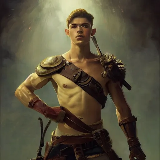 Image similar to handsome portrait of a young guy fitness posing, radiant light, caustics, war hero, breath of the wild, by gaston bussiere, bayard wu, greg rutkowski, giger, maxim verehin