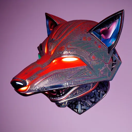 Image similar to cybertronic tribal mask, fox, japanese pottery, vivid colors, wood, metal, intricate details, trending on cgsociety, concept art, glowing eyes, sharp focus, ultra realistic details, cinematic atmosphere, global illumination, shadows