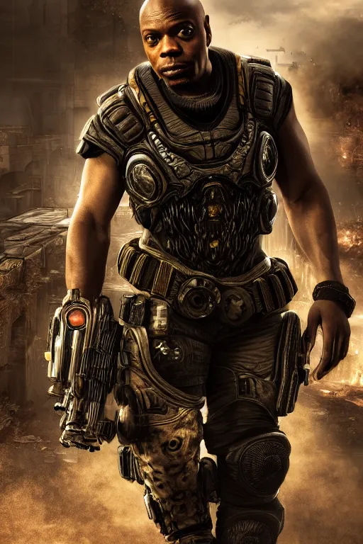 Image similar to Dave Chappelle as a Gears of War character, photorealism, half body, HDR ambient background, unreal engine 5, hyperrealistic, highly detailed, XF IQ4, 150MP, 50mm, F1.4, ISO 200, 1/160s, cinematic lights, Adobe Lightroom, photolab, Affinity Photo, PhotoDirector 365, realistic