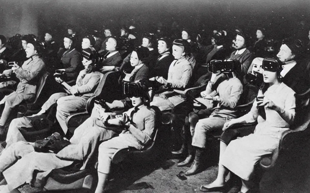 Image similar to 1 9 0 0 s photo of people using iphones ipods virtual reality headsets vr watching hd tv in a movie theater