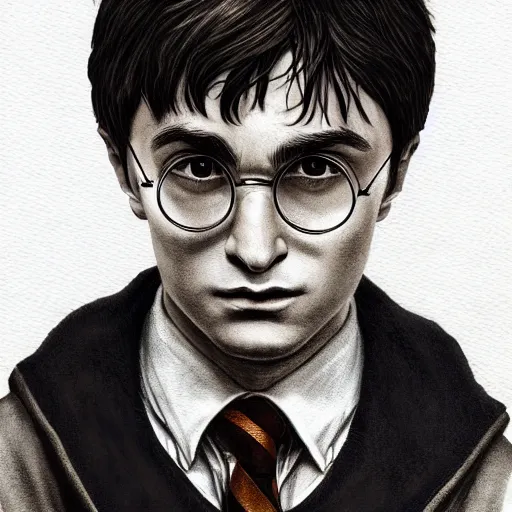 Prompt: a close up portrait of harry potter, art station, highly detailed, focused gaze, concept art, sharp focus, illustration in pen and ink, wide angle, by Kentaro Miura