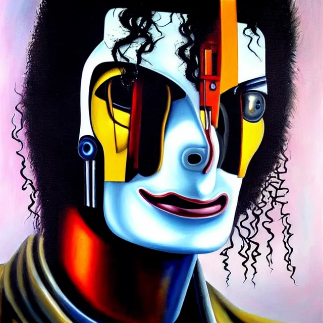 Image similar to a beautiful painting cyberpunk robot michael jackson bloody face, by salvador dali realistic oil painting
