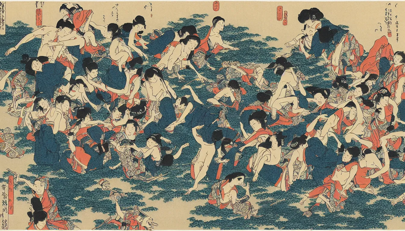 Prompt: dance party on a river raft, close up, by hokusai