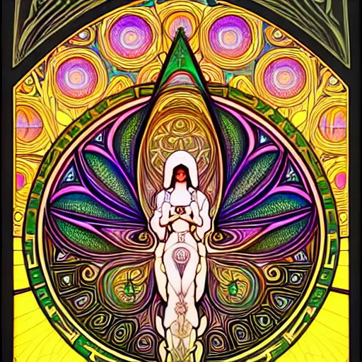 Image similar to psychedelic sacred geometry, intricate, sophisticated, ultra realistic, incredibly detailed, diagram, illustration, trending on artstation, art by alphonse mucha