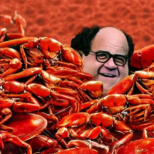 Prompt: Zoomed out camera shot of Detailed realistic Danny Devito standing fighting an army of small red crabs