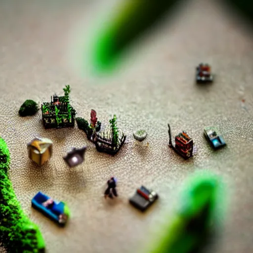 Prompt: macro photo of a miniature secret hidden world with tiny buildings and people invaded by giant ants