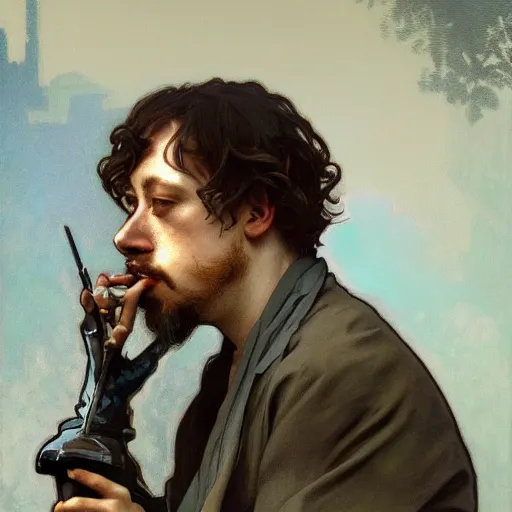 Prompt: Sam Hyde smoking a cigarette, portrait art by alphonse mucha and greg rutkowski, highly detailed, digital painting, concept art, illustration, dim lighting with twilight rays of sunlight, trending on artstation, very detailed, smooth, sharp focus, octane render