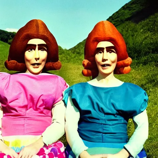 Prompt: two middle aged woman with inflatable heads on top of their heads, wearing dresses, in the hillside, 1976 French film, archival footage, technicolor film expired film live-action, 16mm