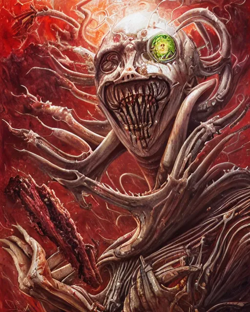 Image similar to bloody fleshmetal hamburger, by antonio j. manzanedo, giger, alex grey, android jones, wayne barlowe, philippe druillet, raymond swanland, cyril rolando, josephine wall, harumi hironaka, trending on artstation