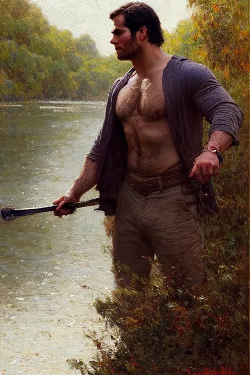 Image similar to henry cavill by river, painting by gaston bussiere, craig mullins