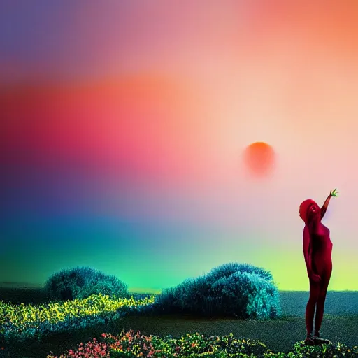 Image similar to A picture of a planet of various colors and plants, in which the human figure is dressed in something magical and impressive, inside the picture is infinity, sunset light, Atmospheric phenomenon, artistic photography, muted colors, conceptual