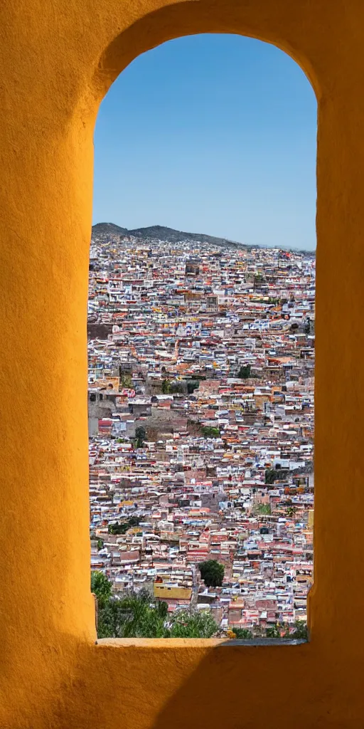 Image similar to window in foreground, guanajuato city in background, by wes anderson