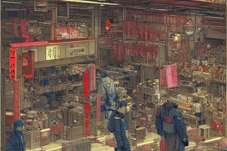Image similar to cyberpunk japanese merchants in their shop, Industrial Scifi, detailed illustration, character design, intricate, by Martin Grip and Moebius