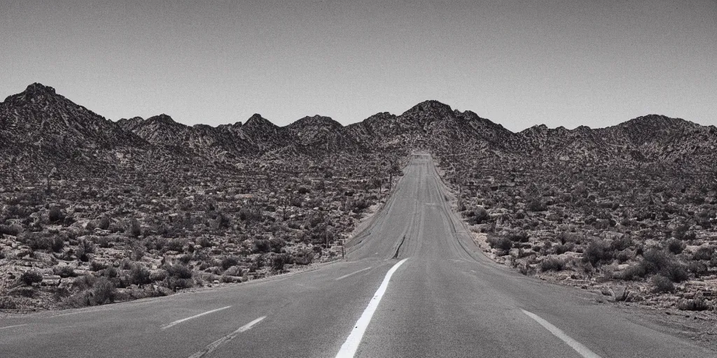 Prompt: “Desert highway in the style of Marcelino Truong, signs, capitalism, low horizon, industry, cactus, mountain”