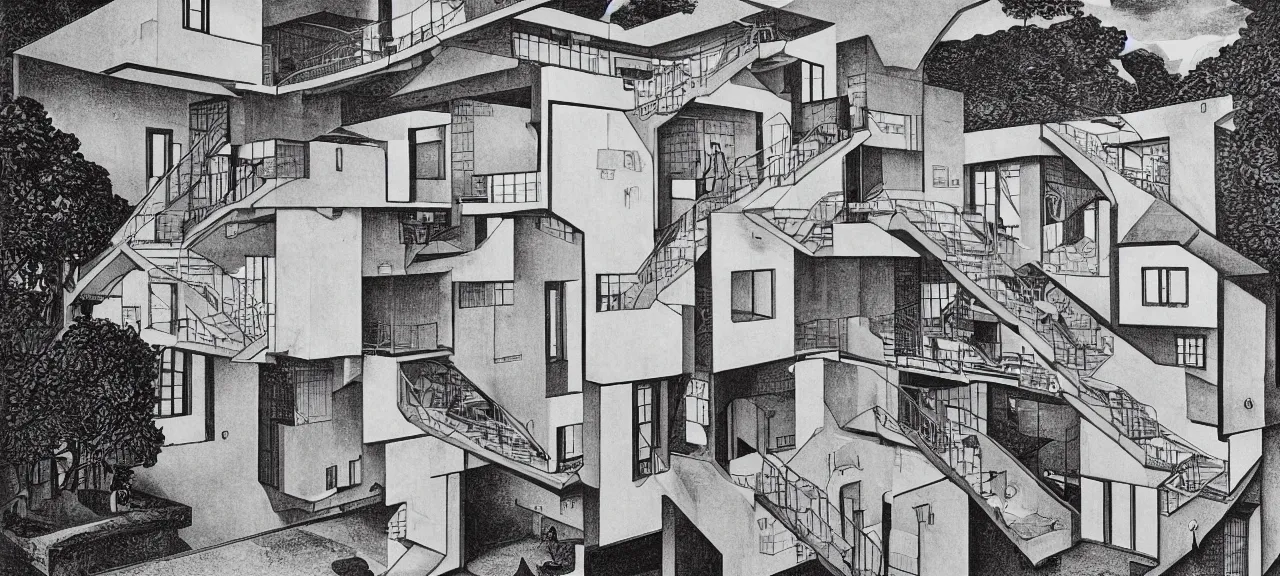 Prompt: M.C. Escher designed my home. M.C. Escher architecture, M.C. Escher design. Photorealistic