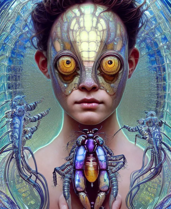 Image similar to intricate ornate opulent transparent clear see - through portrait of a terrifying beautiful alien insect, mottled coloring, adorable, childlike, pastoral environment, ultra realistic, concept art, art nouveau, photorealistic, octane render, 8 k, unreal engine. art by christopher marley and artgerm and greg rutkowski and alphonse mucha