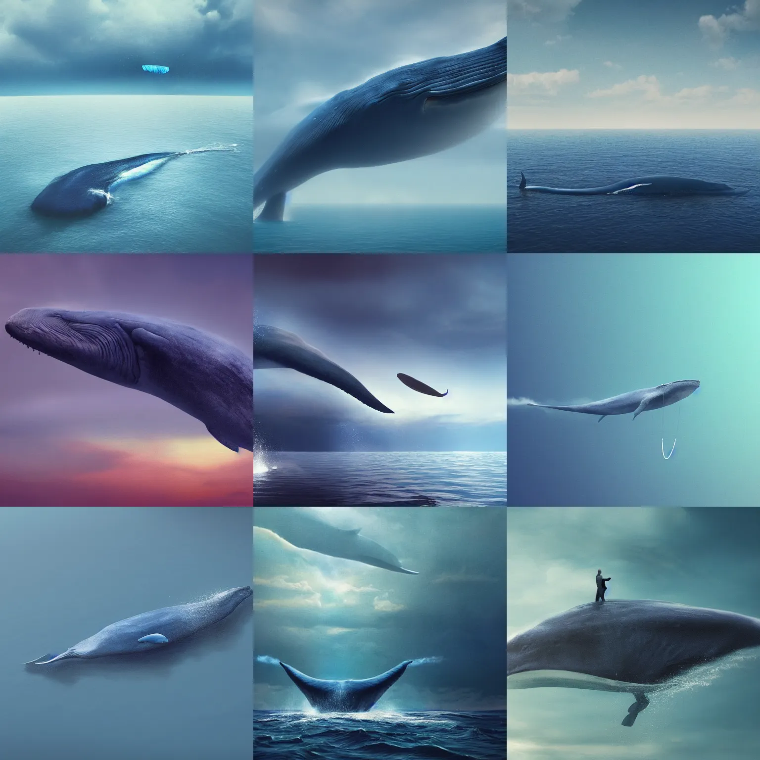 Prompt: a huge blue whale is floating in mid air, epic, cinematic shot, soft light, soft colore, artstation, atmosphere, high definition