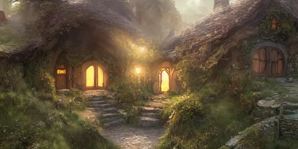 Image similar to The house of the Hobbit Bilbo Baggins, highly detailed, digital painting, artstation, concept art, smooth, sharp focus ilustration, Artstation HQ