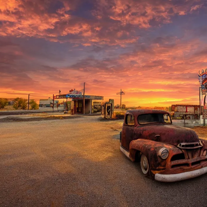 Image similar to a sunset light landscape with historical route 6 6, lots of sparkling details and sun ray ’ s, blinding backlight, smoke, volumetric lighting, colorful, octane, 3 5 mm, abandoned gas station, old rusty pickup - truck, beautiful epic colored reflections, very colorful heavenly, softlight