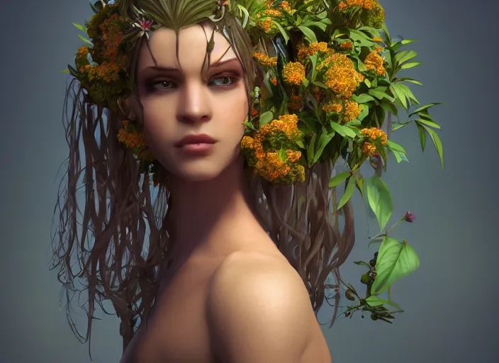 Image similar to Fantasy Alrune androgynous plant humanoid with flowers in hair plant body by Larry Elmore and Ilya Kushvikov, symmetrical face concept art, octane render unreal engine meta humans, artstation