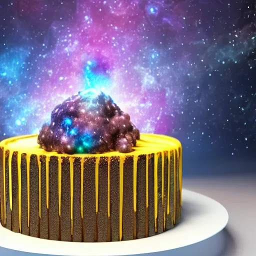 Image similar to a birthday cake made of galaxies, nebulas and suns, space photography, concept art, octane render, unreal engine 5, highly detailed, high quality, 8 k, soft lighting,