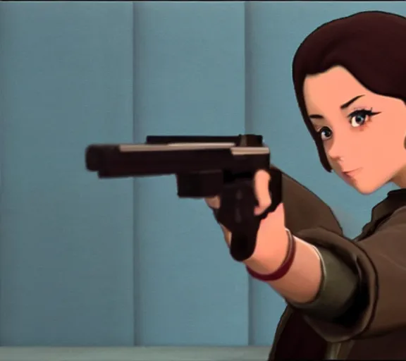 Prompt: marnie pointing a gun at the screen