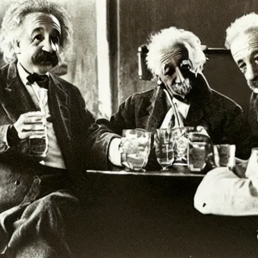 Image similar to albert einstein drinking rakia with his friends