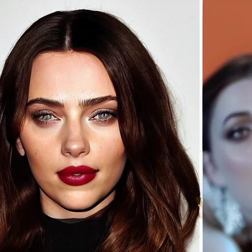 Image similar to a woman who is a genetic combination of kim kardashian and kat dennings and scarlett johansson and margot robbie and emma watson, face and upper - body focus