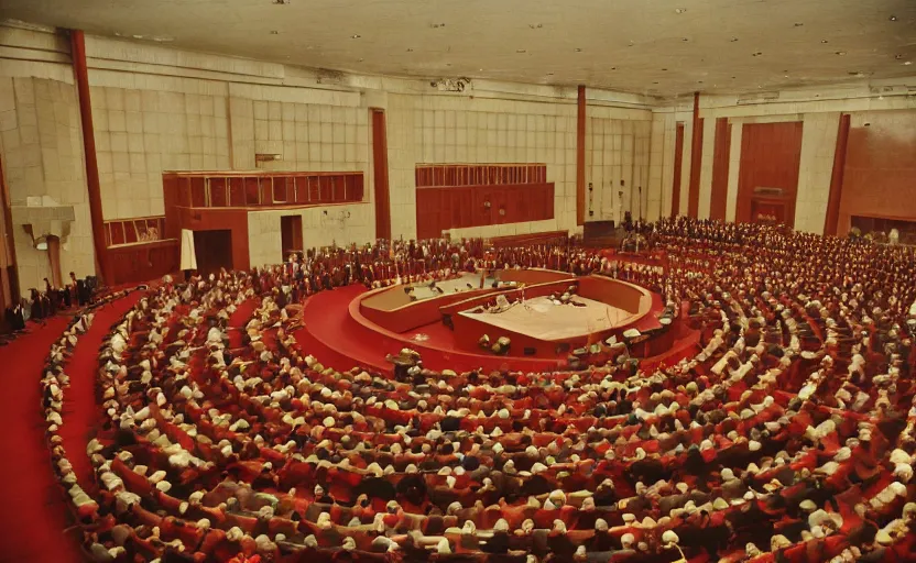 Image similar to 60s movie still of a CCCP congress in a stalinist style parlement, by Irving Penn , cinestill 800t 35mm eastmancolor, heavy grainy picture, very detailed, high quality, 4k, HD criterion, precise texture