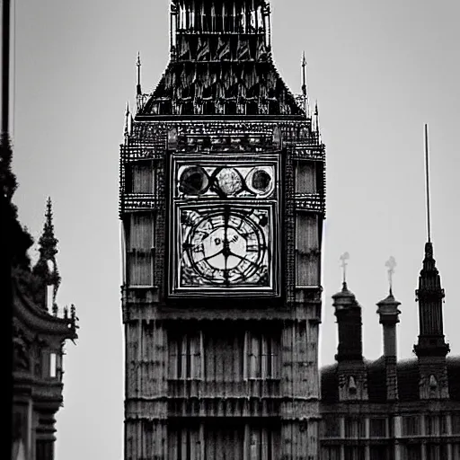 Image similar to Black and White photo of steampunk airship docking at Big Ben