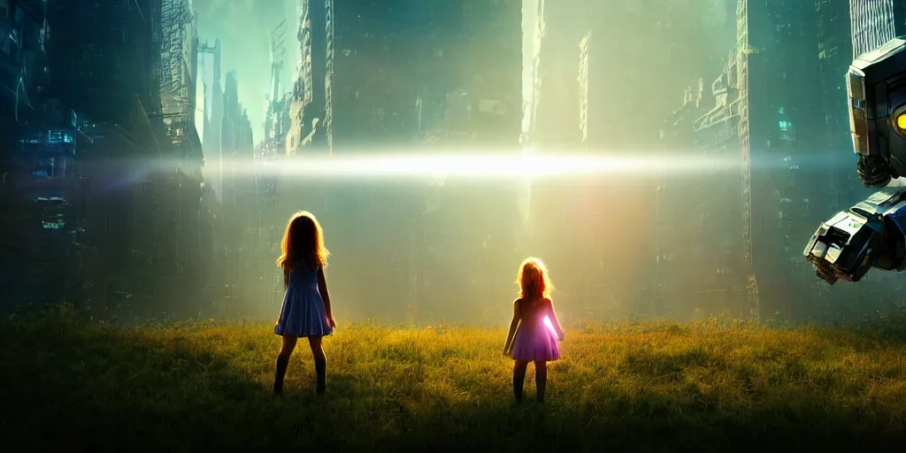 Prompt: sci - fi scene future new york, little girl by herself in the city holding onto the outstretched hand of a giant robot, forest punk, little girl meets robot, crepuscular rays, epic scene, hyper realistic, photo realistic, overgrowth, cinematic atmosphere, ethereal lighting,