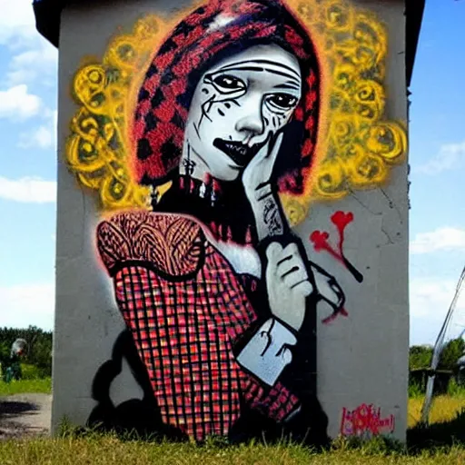 Image similar to transylvanian folk art, in the style of graffiti, made by banksy