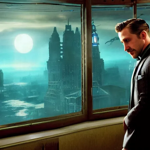 Image similar to a highly detailed cinematic photo from a live - action bioshock movie. andrew ryan, portrayed by ryan gosling, is shown standing in a 1 9 3 0's office with a large desk in front of a floor - to - ceiling window looking out onto the underwater city of rapture shining in the distance, sea life is shown outside of the window