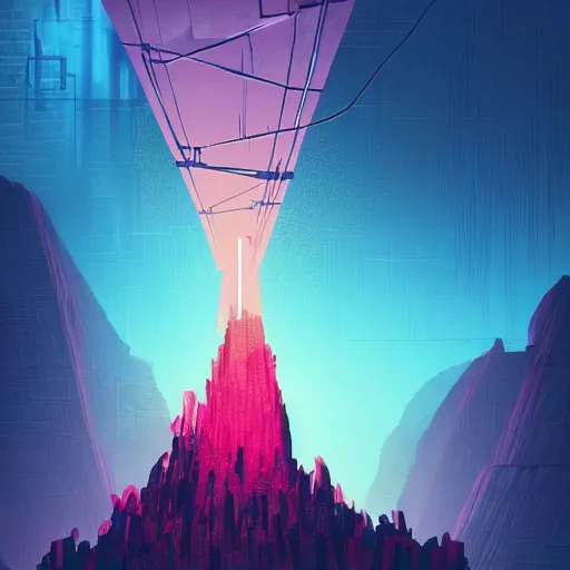 Image similar to comic book art of a [ man ] in trenchcoat with ( glowing ) crossing a [ old ] [ rope ] bridge in a [ jungle ] looking up at a [ mountain ] made of crystalized pink rock, a [ glowing tower ] extends into the sky, low angle, artstation illustration, elegant, cyberpunk, volumetric fog, arcane by tim doyle