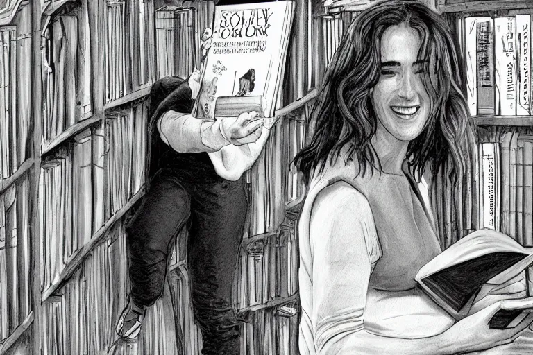 Prompt: jennifer connelly smiling and reading a book in a bookshop, sketching, muted tones, storyboard